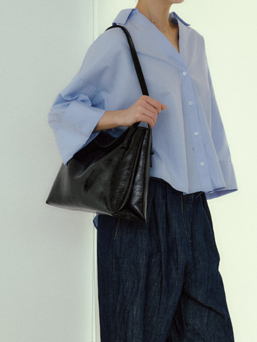 Flip Leather Flap Soft Square Bag (Large) - Crinkled Black