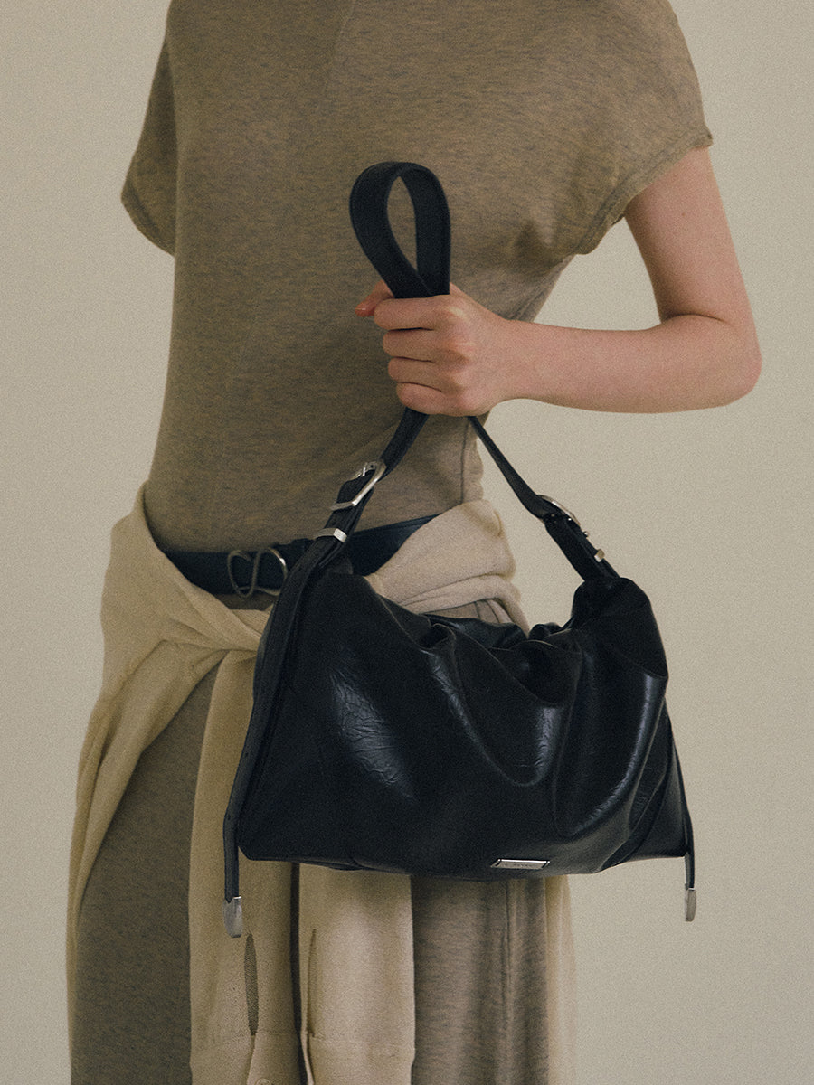 Duo Pin-Buckle Draped Crossbody Bag - Black