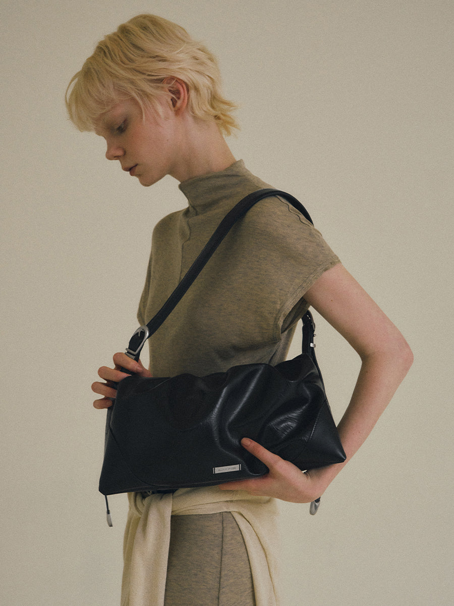 Duo Pin-Buckle Draped Crossbody Bag - Black