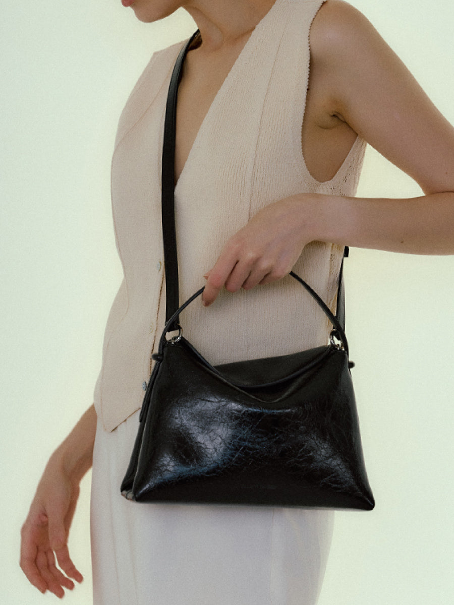 Flip Leather Flap Soft Square Bag (Small) - Crinkled Black