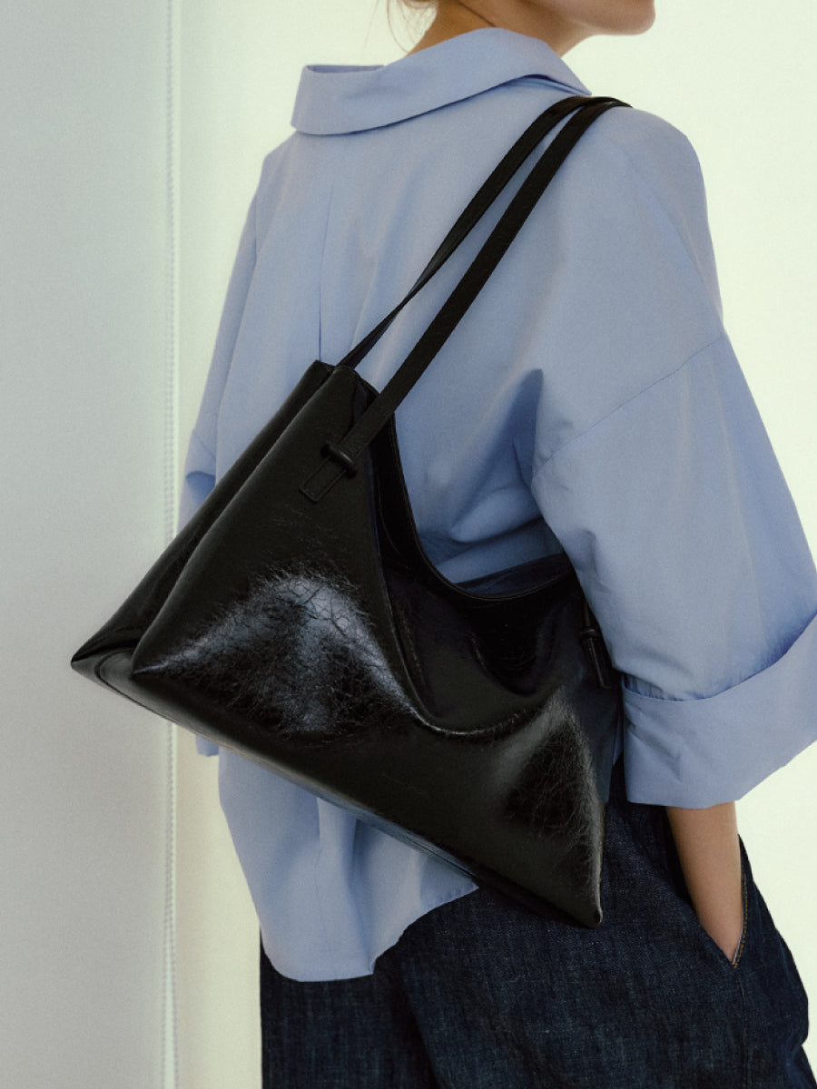 Flip Leather Flap Soft Square Bag (Large) - Crinkled Black