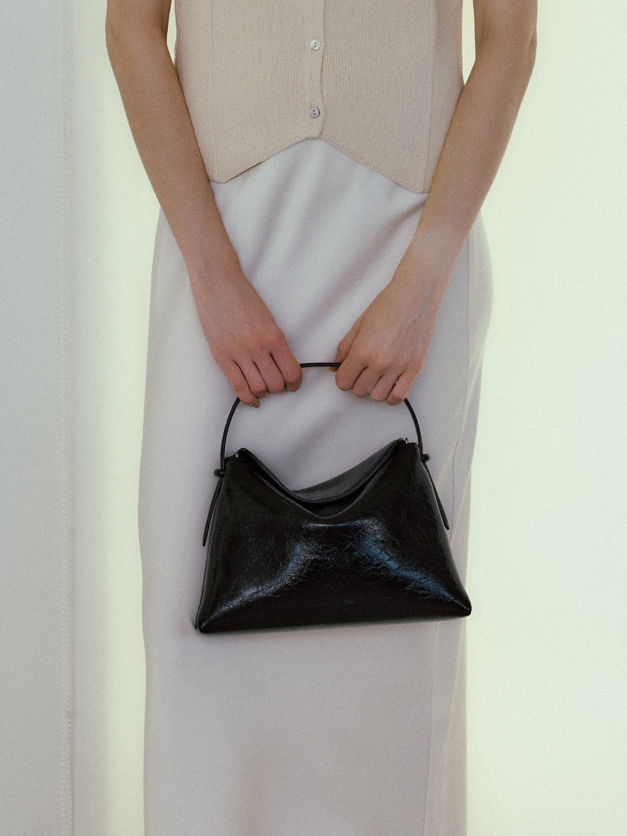 Flip Leather Flap Soft Square Bag (Small) - Crinkled Black