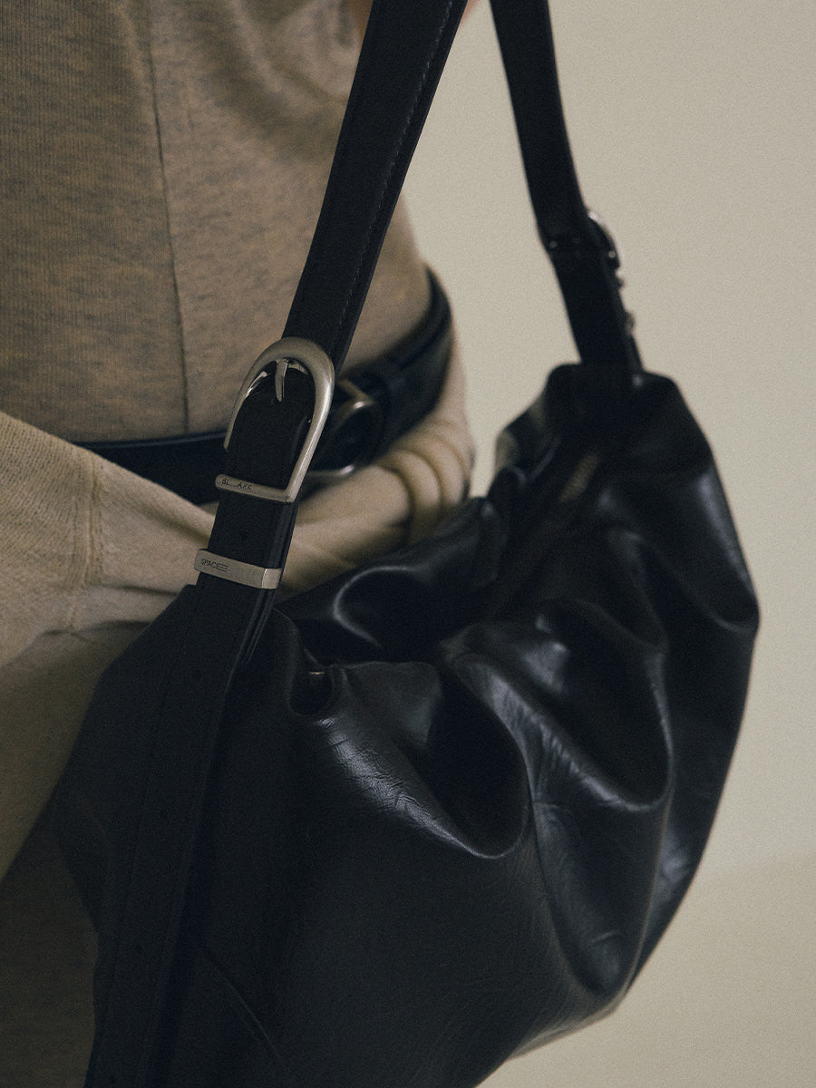 Duo Pin-Buckle Draped Crossbody Bag - Black