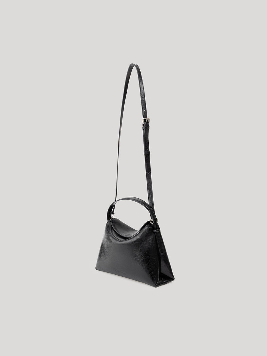Flip Leather Flap Soft Square Bag (Small) - Crinkled Black