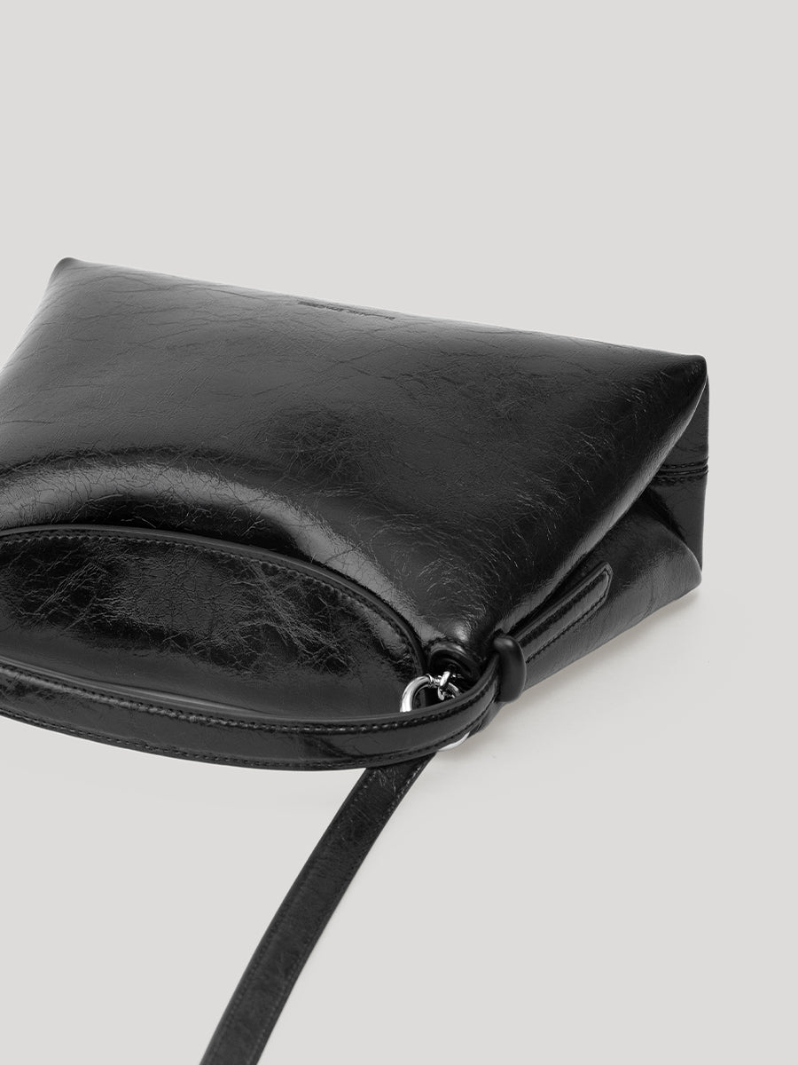 Flip Leather Flap Soft Square Bag (Small) - Crinkled Black