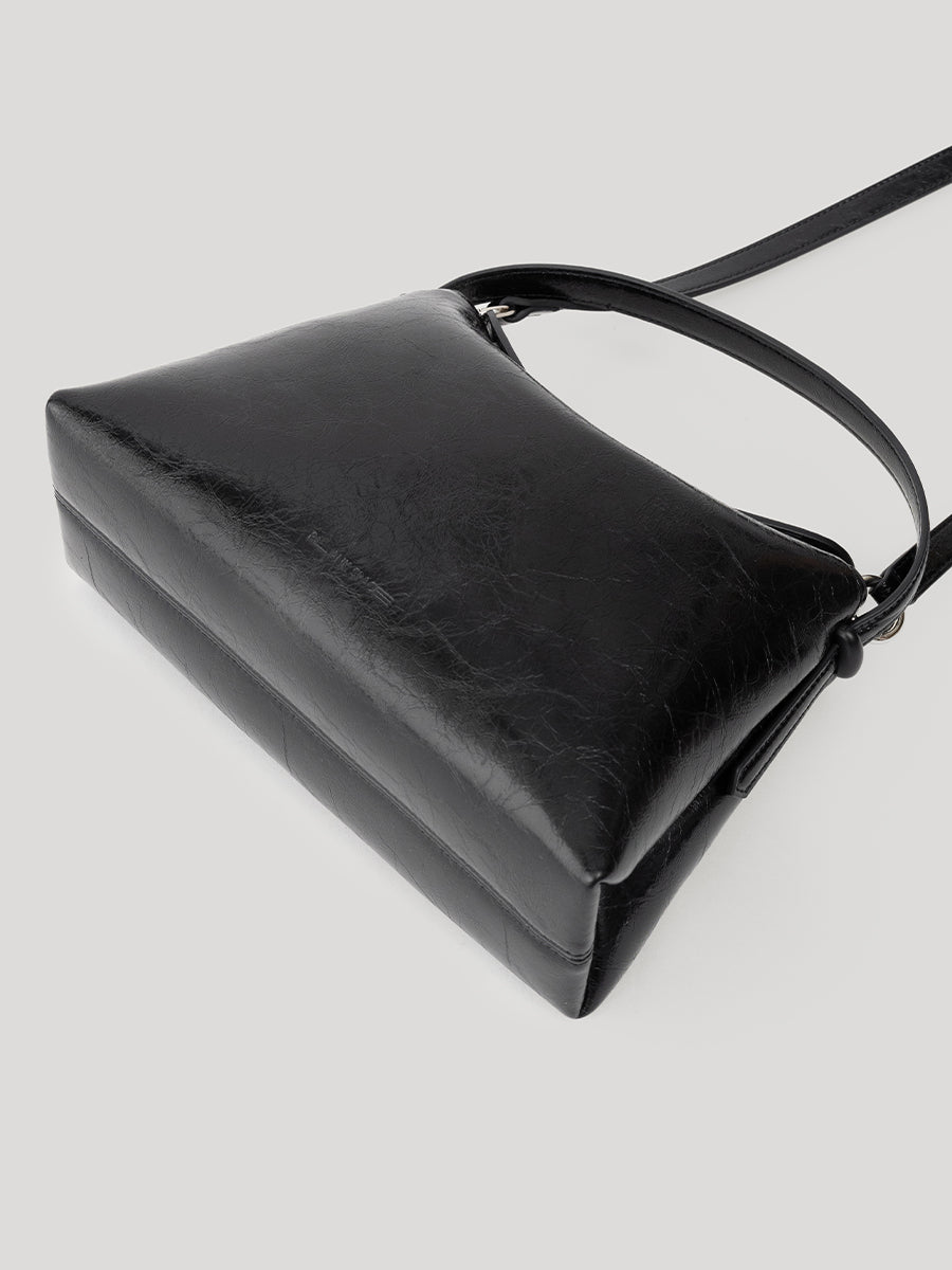 Flip Leather Flap Soft Square Bag (Small) - Crinkled Black