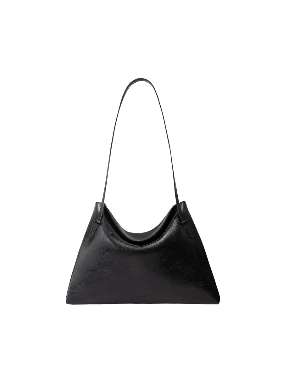 Flip Leather Flap Soft Square Bag (Large) - Crinkled Black