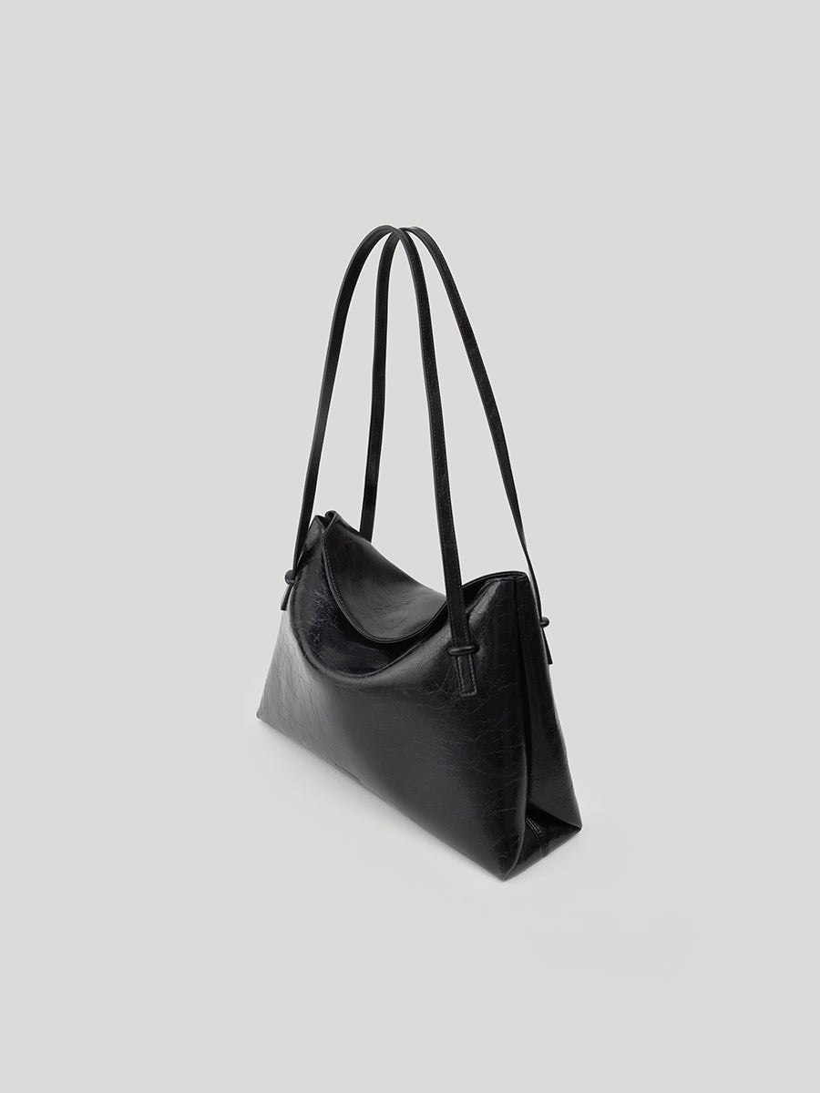 Flip Leather Flap Soft Square Bag (Large) - Crinkled Black