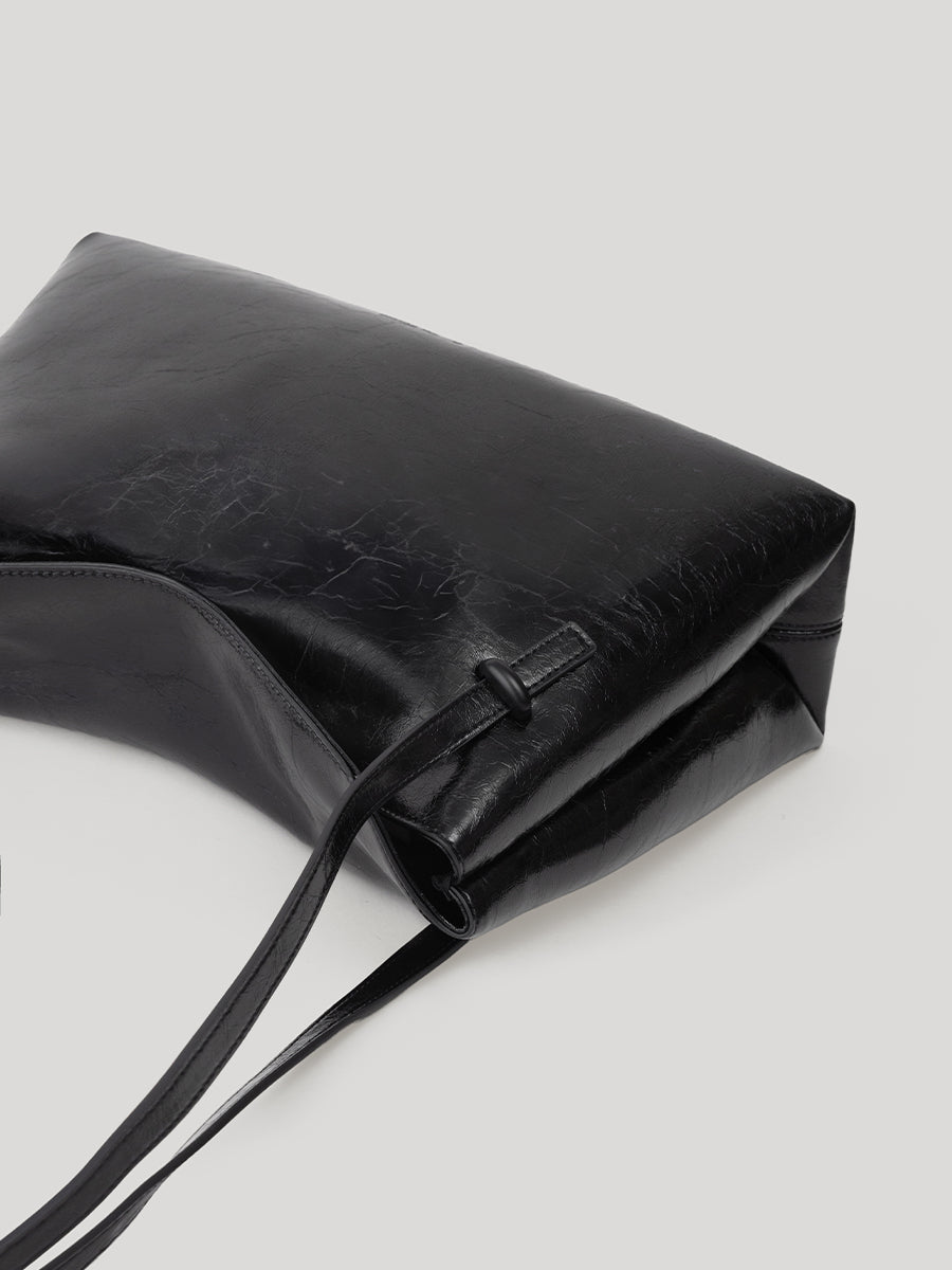 Flip Leather Flap Soft Square Bag (Large) - Crinkled Black