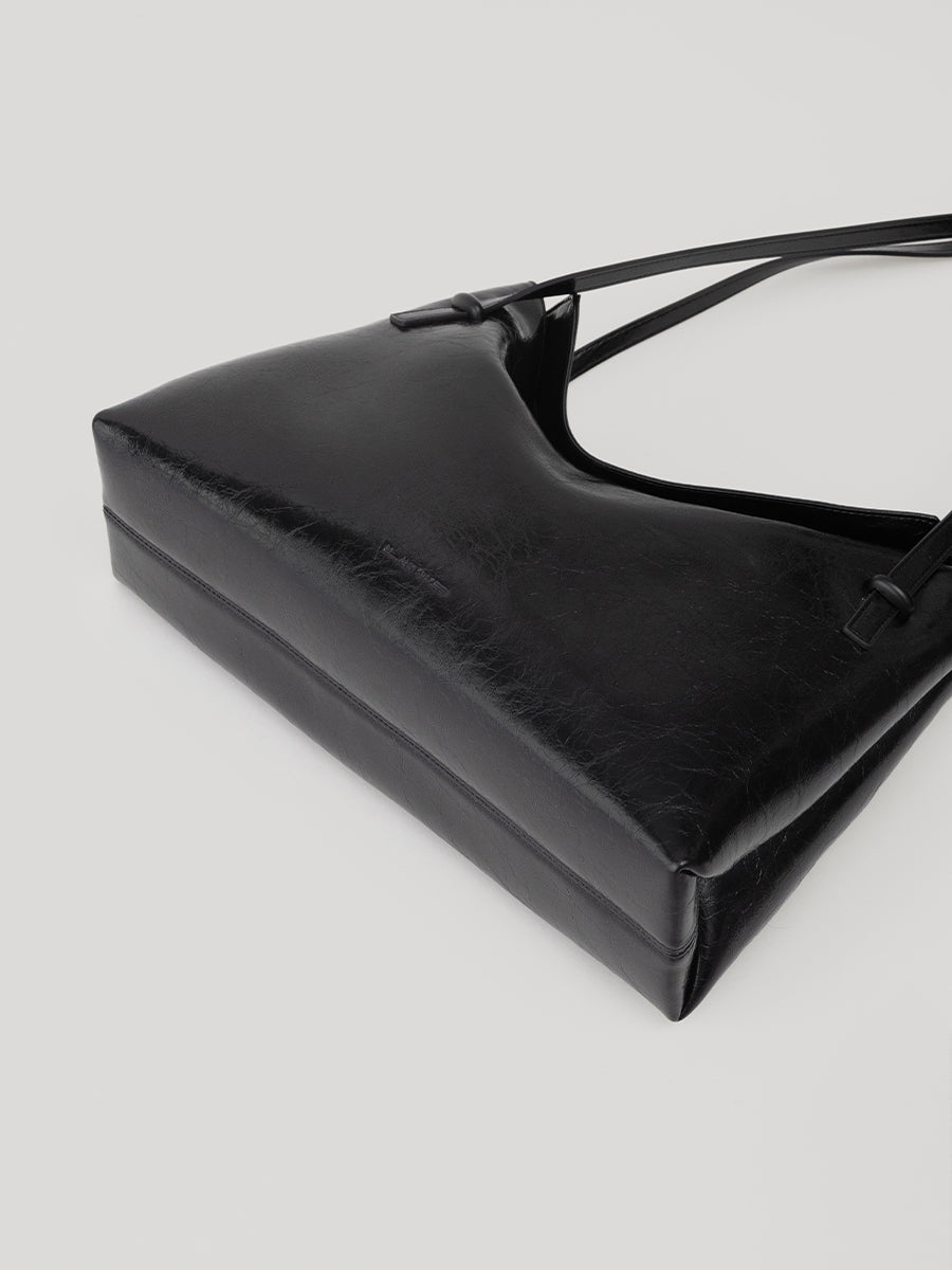 Flip Leather Flap Soft Square Bag (Large) - Crinkled Black