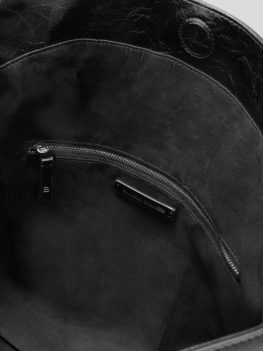 Flip Leather Flap Soft Square Bag (Large) - Crinkled Black